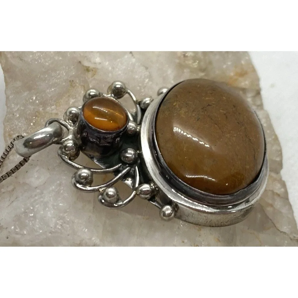 Vintage Brown Agate Modernist Pendant 18'' Necklace Sterling 925 Silver 16g Boho